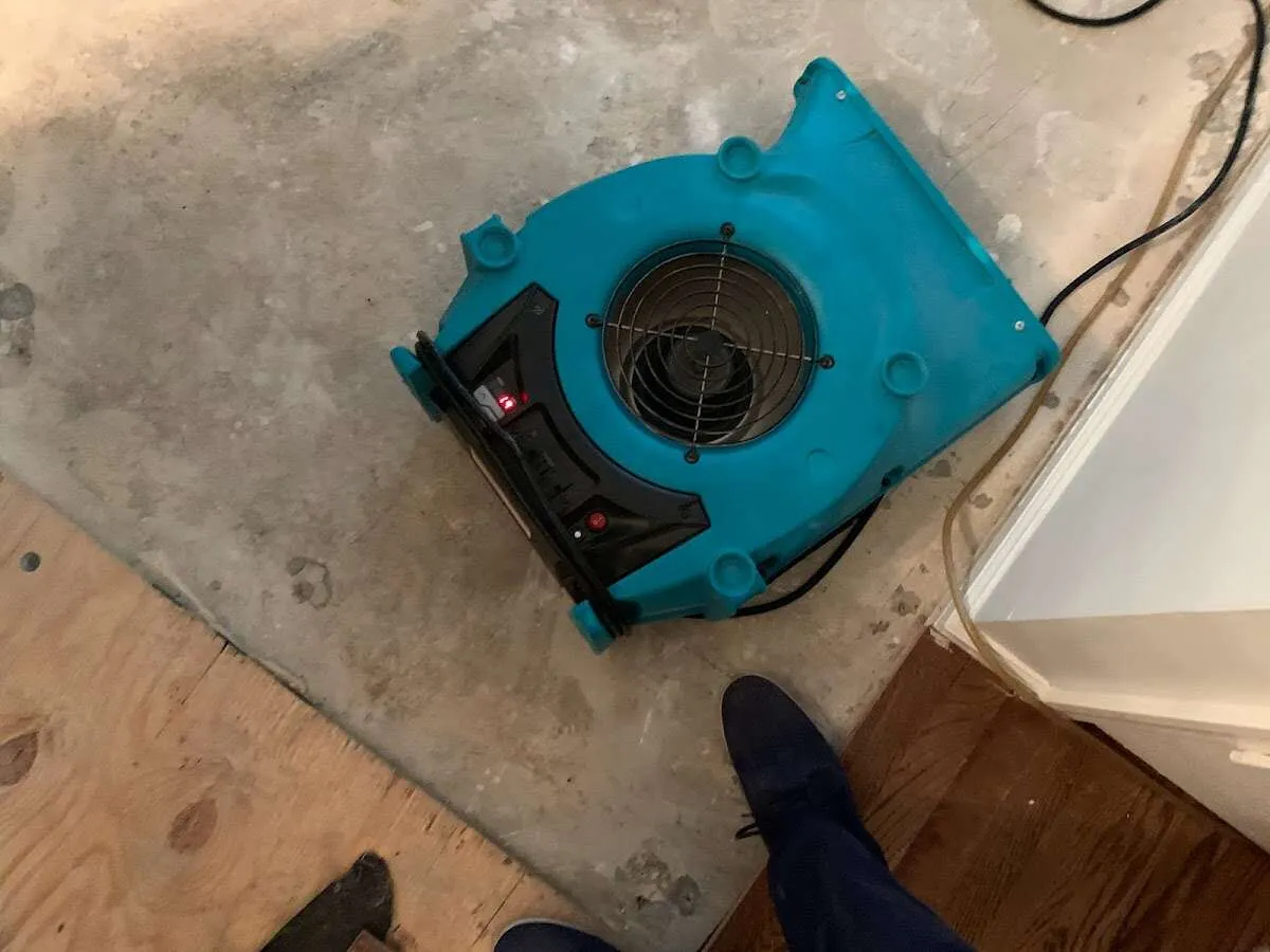 Air mover drying subfloor during Leak Detection & Repair in Zebulon